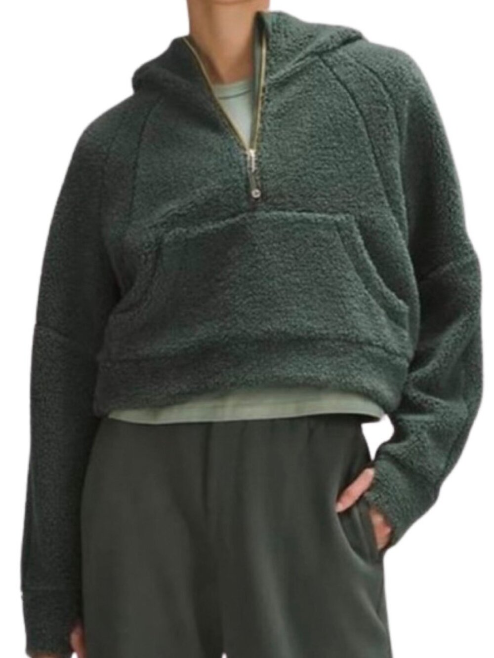 Lululemon Sherpa Hoodie Women M/L Green Fleece Half Zip Kangaroo Pocket Cozy